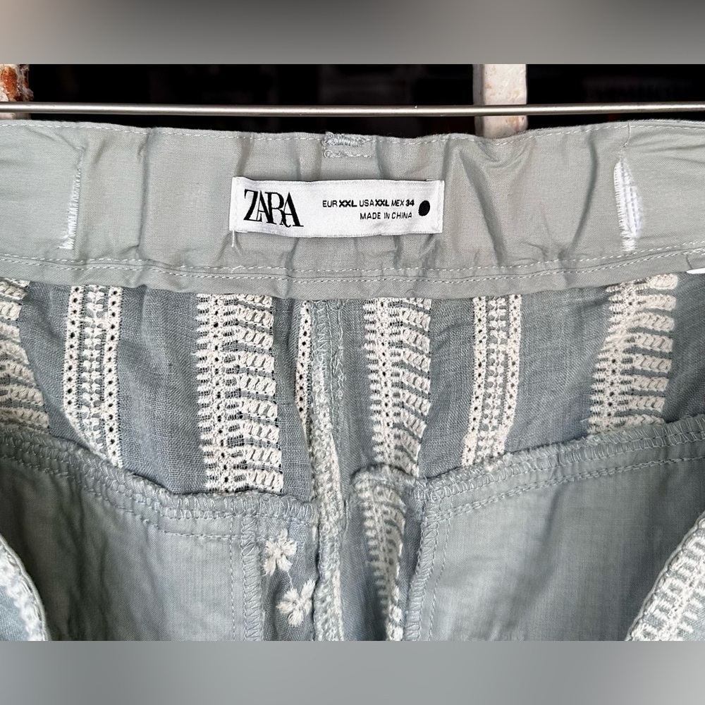 ZARA Embroidered Patchwork Wide Leg Pants Sage Boho High Rise Belted XXL - Picture 10 of 10